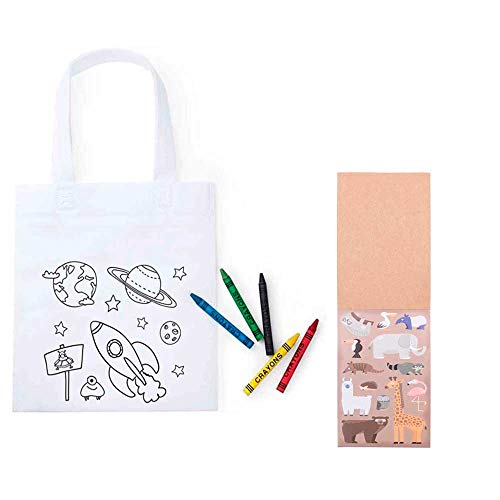 Lote 30 Bolsas Infantiles para Colorear, Espacio con 5 Ceras y 30 libretas con Pegatinas Animales y Plantillas para Pintar