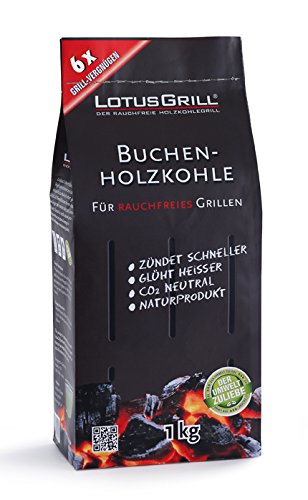 LotusGrill - Barbacoa con conexión USB, 1 carbón de haya de 1 kg, 1 pasta de combustión de 200 ml, 1 pinzas de salchicha rojo fuego y 1 bolsa de transporte - la barbacoa de carbón vegetal sin humo, rojo fuego