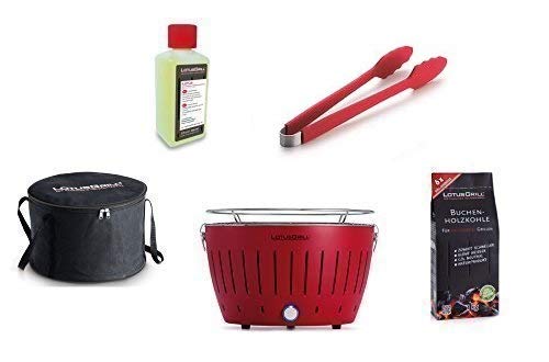 LotusGrill - Barbacoa con conexión USB, 1 carbón de haya de 1 kg, 1 pasta de combustión de 200 ml, 1 pinzas de salchicha rojo fuego y 1 bolsa de transporte - la barbacoa de carbón vegetal sin humo, rojo fuego