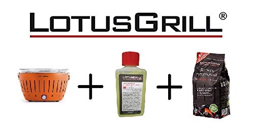 LotusGrill - Nuevo Modelo 2019 - Barbacoa Naranja con baterías y Cable de alimentación USB + 1 Kg Bolsa Carbón de Haya + 200 Ml Gel Bioetanol - ¡Paquete Exclusivo de YesEatIs!