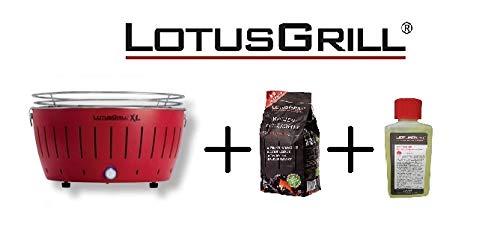 LotusGrill - Nuevo Modelo 2019 - Barbacoa XL Rojo con baterías y Cable de alimentación USB + 1 Kg Bolsa Carbón de Haya + 200 Ml Gel Bioetanol - ¡Paquete Exclusivo de YesEatIs!