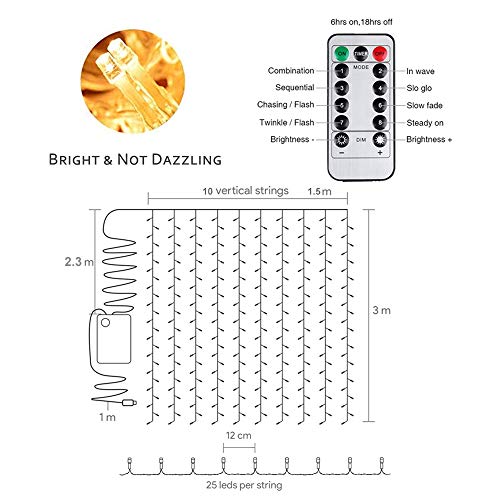 Luces de cortina de ventana de 3x1.5m, HEKIWAY 200 LED Luces de hadas Blanco cálido, Control remoto con USB o con pilas, Luces de cuerda resistentes al agua 8 modos para interiores y exteriores