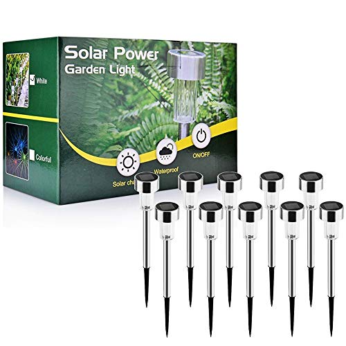 Luces solares LED de seguridad para iluminación al aire libre, iluminación para caminos, terrazas y patios, impermeables, acero inoxidable, 10-pack white solar light