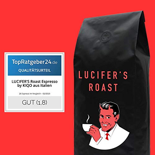 LUCIFER'S ROAST Espresso de KIQO de Italia - 1kg café extremadamente fuerte - bajo en ácido - 100% Robusta - tostado a mano en lotes pequeños (grano de café, 1000g)