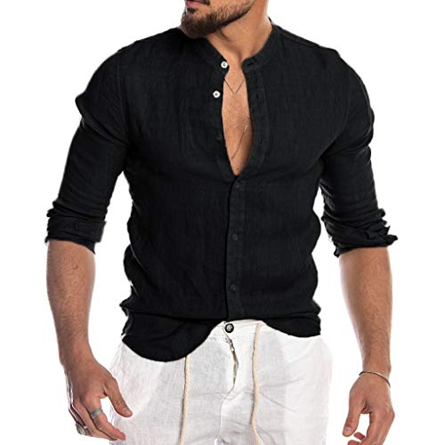 Luckycat Hombre Camisa de Lino sin Cuello Camisa Hombre Cuello Mao Lino Blusa Manga Larga Camisas Top Sin Cuello De Color Sólido Blusas Suelta Camisas De Trabajo Suave Cómodo Transpirable