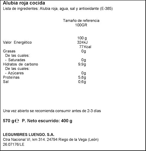 Luengo - Alubia Cocida Roja En Frasco De 570 g