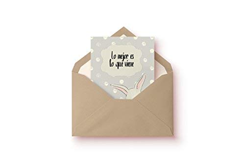 Lunadei Tarjeta de Felicitación con sobre | Ideal para Nacimiento o Bautizo | Frase: Lo Mejor es lo Que Viene | Cartulina (350 g/m2) | Formato A6 (10,5 cm x 14,8 cm)