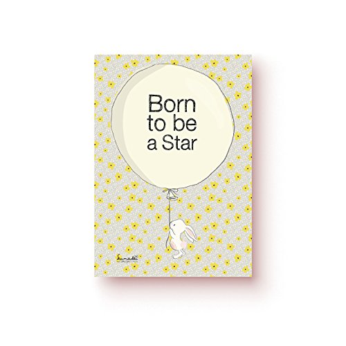 Lunadei Tarjeta de Felicitación con sobre | Ideal para Nacimiento o Bautizo | Modelo Conejito con Maxi Globo | Frase Born to be a Star | Diseño Unico Firmado Cartulina (350 g/m2) | Formato A6