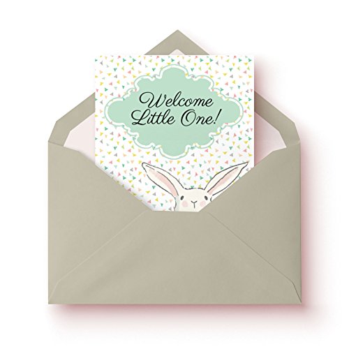 Lunadei Tarjeta de Felicitación con sobre | Ideal para Nacimiento o Bautizo | Modelo: Tierno Conejito | Frase: Welcome Little One | Diseño Unico Firmado Cartulina (350 g/m2) | Formato A6