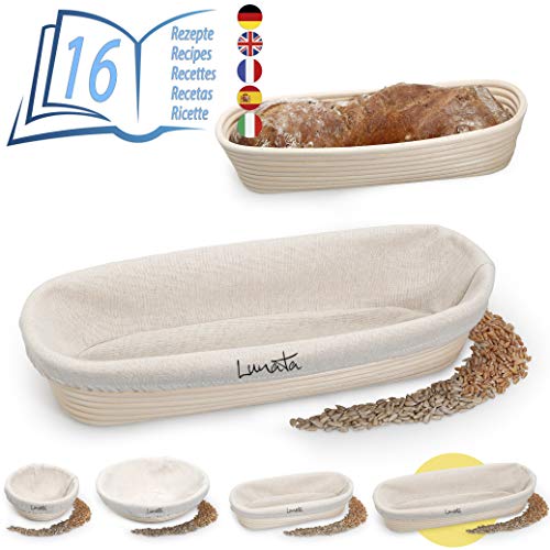 Lunata -Upgrade 2019- Cesto de Fermentación, incluye 16 sabrosas Recetas para Hornear (PDF), el Cesto ideal para fermentar la Masa de Pan, de Ratán natural (oval | 35 cm); con forro de lino