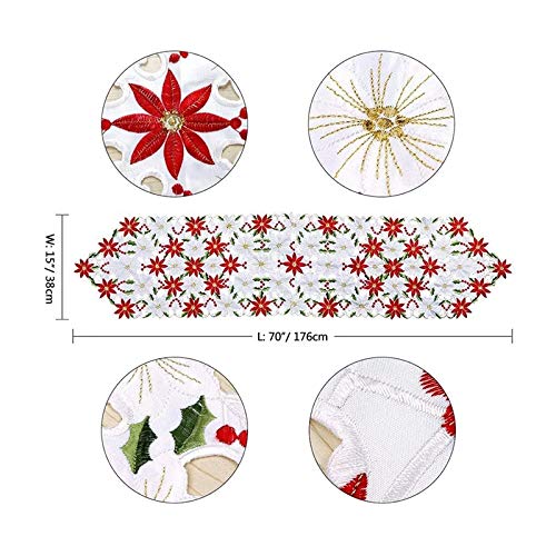 Lurowo - Camino de mesa de Navidad bordado, decoración de mesa de Poinsettia y hojas de acebo para decoración de fiestas, vacaciones, Navidad, 38 x 176 cm