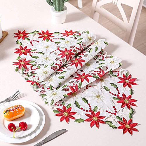 Lurowo - Camino de mesa de Navidad bordado, decoración de mesa de Poinsettia y hojas de acebo para decoración de fiestas, vacaciones, Navidad, 38 x 176 cm