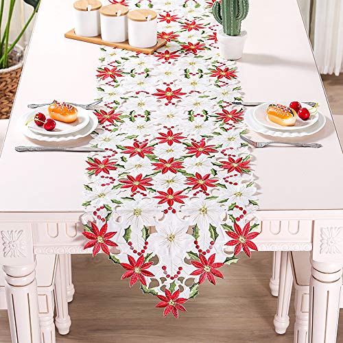 Lurowo - Camino de mesa de Navidad bordado, decoración de mesa de Poinsettia y hojas de acebo para decoración de fiestas, vacaciones, Navidad, 38 x 176 cm