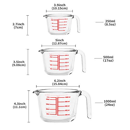 Luvan Tres Tazas medidoras de Vidrio, Mangos fáciles de agarrar, Tazas medidoras de milílitro y Onza, Tazas de Escala para batir Huevos y Hornear Resistentes a la Temperatura de Uso Familiar