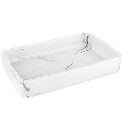 Luxspire Bandeja Rectangular Antideslizante de Resina, Plato Organizador de Almacenamiento para Velas, Jabón, Toalla, Planta para Joyería, Cuarto de Baño, Hogar, Salón, 26 X 16 X 4cm - Mármol Blanco