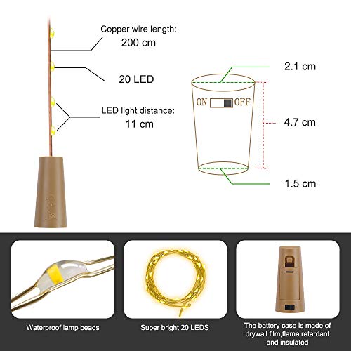 Luz de Botellas 12 Paquetes BIG HOUSE 2M 20 LEDs Alambre de Cobre Luces de Vino con Corcho de Bricolaje para Dormitorios, Bodas, Navidad, Decoración al Aire Libre(multicolor)