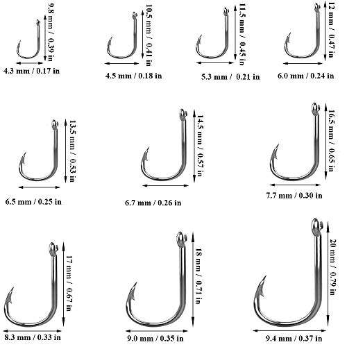 LWZko 500 Piezas Anzuelo, Anzuelo de Púas, Pesca de Acero Al Carbono, 10 Tamaños Duraderos Acero Carbono Anzuelo con Púas y Caja de Plástico para La Pesca de Agua Dulce y Salada (Plata)