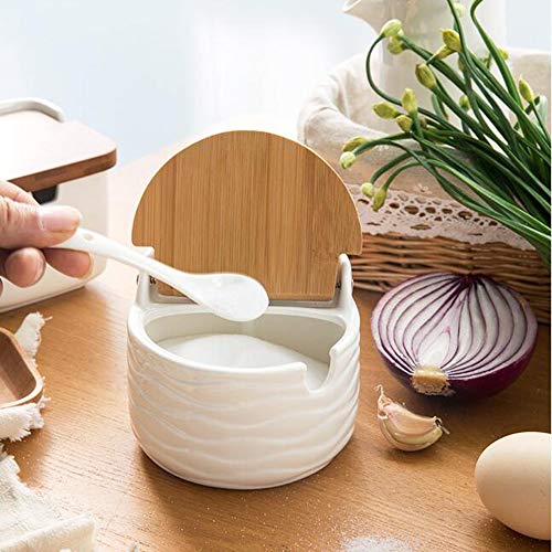 LYQZ Sugar Bowl de cerámica con Cuchara de azúcar y bambú Tapa, Especias Contenedores, Salero, Blanco, 7,0 Onza (200 ml) Multifuncional