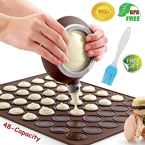 Macaron Molde - 48 Capacidad Macaron Silicone Baking Mat y decorating Pen Icing Tips con 4 boquillas (Café+Cepillo)