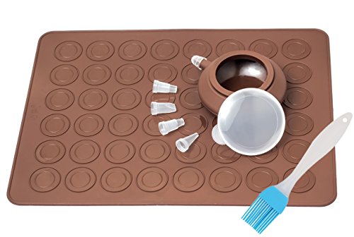 Macaron Molde - 48 Capacidad Macaron Silicone Baking Mat y decorating Pen Icing Tips con 4 boquillas (Café+Cepillo)