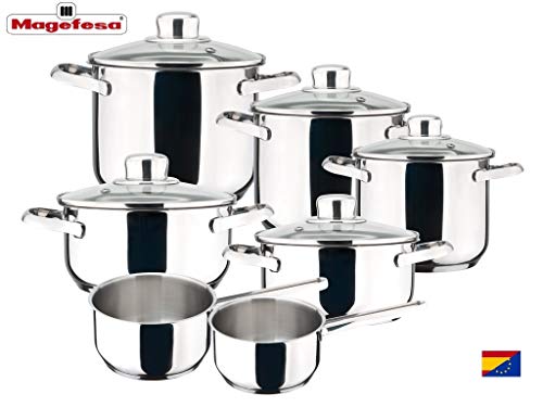 MAGEFESA Dux – Batería de Cocina MAGEFESA Dux 12 Piezas está Fabricada en Acero Inoxidable 18/10, Compatible con Todo Tipo de Fuego. Fácil Limpieza y Apta lavavajillas.