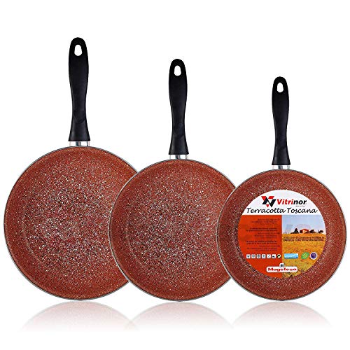 Magefesa Terracota - Set Juego 3 Sartenes 20-24-28 cm, inducción, Antiadherente Granito Libre de PFOA, Limpieza lavavajillas Apta para Todas Las cocinas, vitroceramica, Gas, Fabricadas en España