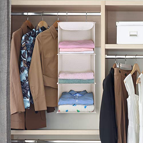 MaidMAX Organizador para Armario, Estantería Colgante Plegable, Organizador Colgante de Tela para Ropa, 3 Niveles y 2 Ganchos, Beige 