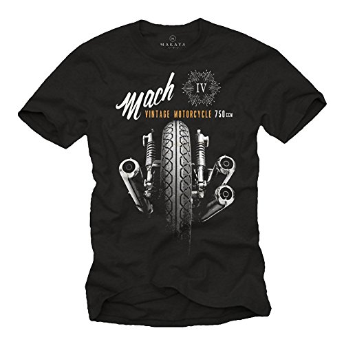 MAKAYA Camisetas Moteras - Vintage Moto Mach 4 Hombre Negras XL