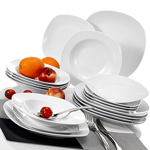 MALACASA, Serie Elisa, 18 piezas juegos de platos vajilla de porcelana blanca con 6 platos de postre, 6 platos de sopa y 6 platos plano para 6persona