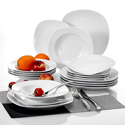 MALACASA, Serie Elisa, 18 piezas juegos de platos vajilla de porcelana blanca con 6 platos de postre, 6 platos de sopa y 6 platos plano para 6persona