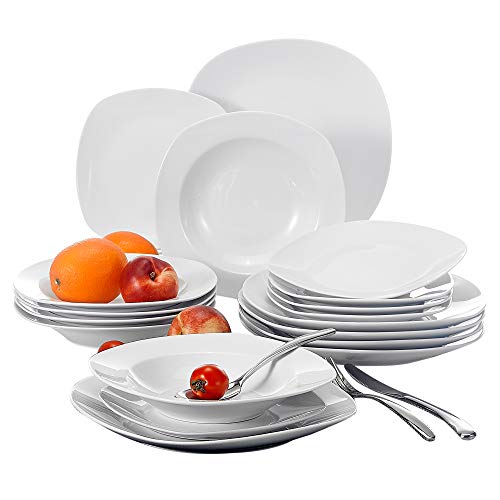 MALACASA, Serie Elisa, 18 piezas juegos de platos vajilla de porcelana blanca con 6 platos de postre, 6 platos de sopa y 6 platos plano para 6persona