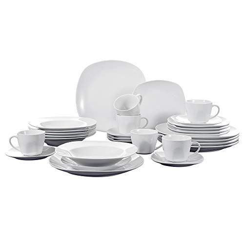 MALACASA, Serie ELISA, Vajillas de Porcelana, Juego de Café, 30 Piezas, con 6 Tazas, 6 Platos, 6 Platos de Postre, 6 Platos Hondos, 6 Platos Llanos para 6 Personas