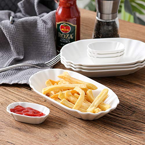 MALACASA, Serie Regular, 8 Piezas Cuencos de Porcelana, Incluye 4 tazones Grandes de Papas Fritas con 4 dipshells pequeños, Plato de Salchichas, bandejas para postres, Patatas Fritas, Aperitivos