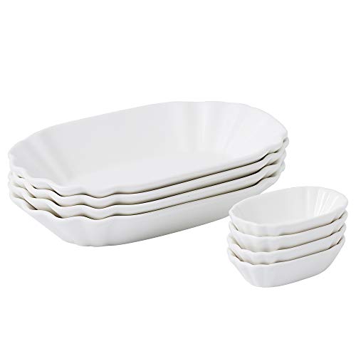 MALACASA, Serie Regular, 8 Piezas Cuencos de Porcelana, Incluye 4 tazones Grandes de Papas Fritas con 4 dipshells pequeños, Plato de Salchichas, bandejas para postres, Patatas Fritas, Aperitivos