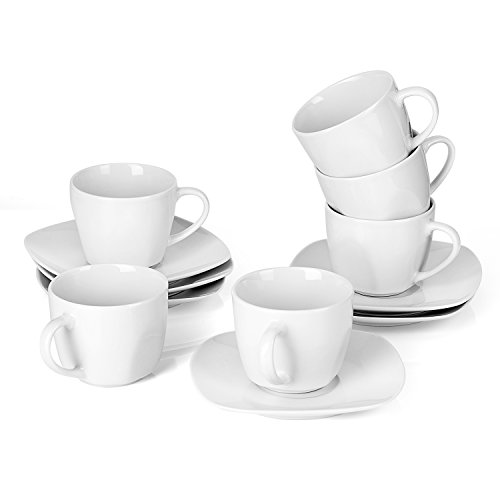 MALACASA, Series Elisa, 12 Piezas Juegos de Cafe de Porcelana 6 Tazas y 6 Platillos servicios de cafe para 6 Personas