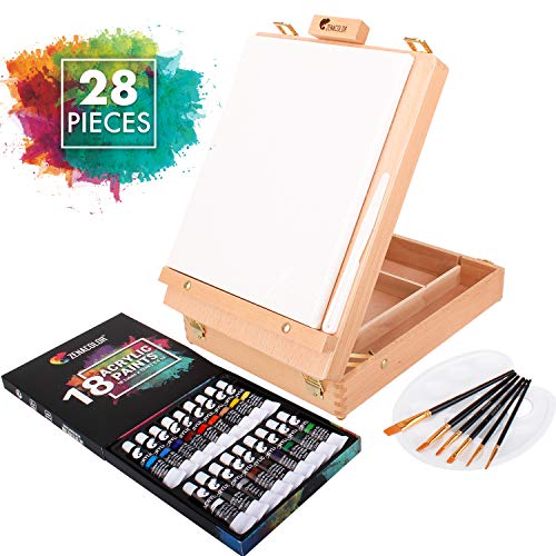 Maletin de Pinturas Acrilicas para Artista con Caja Caballete Pintura de Madera, 18 Tubos de Pintura Acrilica, 6 Pinceles Pintura - Lienzo para Pintar 24x30cm, Espátula y Paleta Pintura