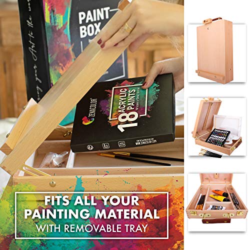 Maletin de Pinturas Acrilicas para Artista con Caja Caballete Pintura de Madera, 18 Tubos de Pintura Acrilica, 6 Pinceles Pintura - Lienzo para Pintar 24x30cm, Espátula y Paleta Pintura