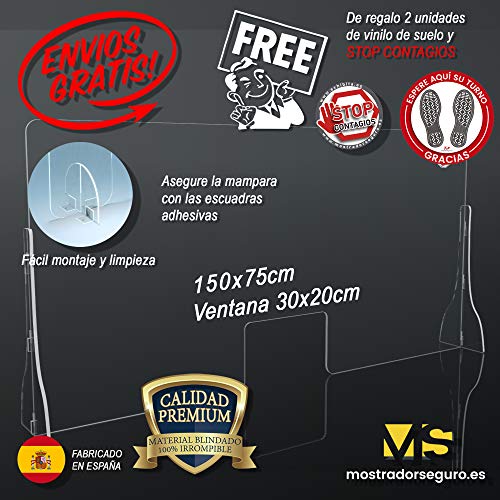 Mampara Premium 150x75cm 5mm Irrompible Protección, Fabricada en Policarbonato Compacto de Alto Impacto Vinilo Suelo Distancia de Seguridad Gratis