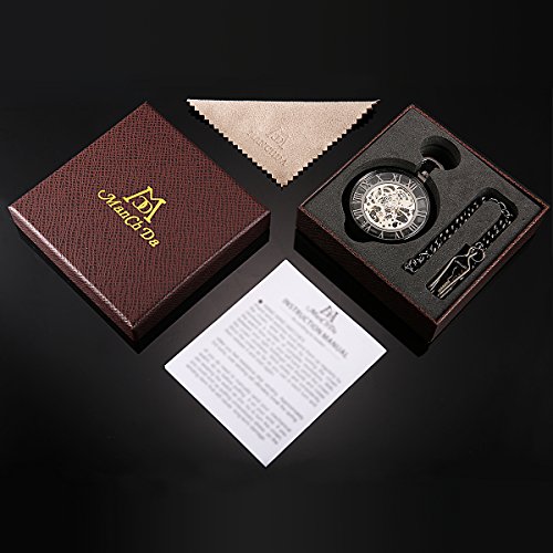 ManChDa® Reloj de bolsillo Vintage negro cara Esfera esqueleto Movimiento mecánico Viento de la mano Latón de gran tamaño para los hombres Mujeres con cadena + Caja regalo