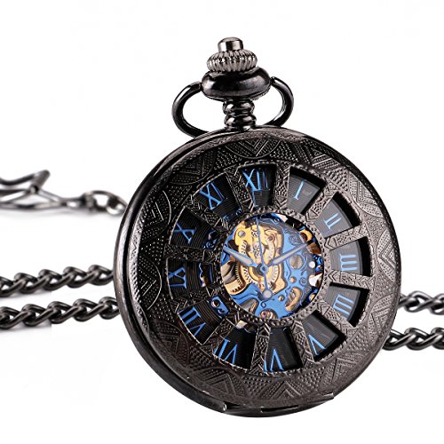 ManChDa® Vintage Mecánica Reloj de bolsillo Elegante negro caso de grabado Cazador de hueco Esfera esqueleto para los Hombres Mujeres con Chian + Caja regalo