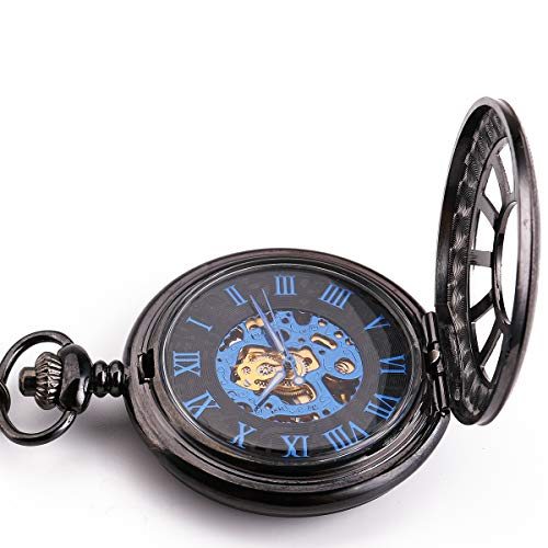 ManChDa® Vintage Mecánica Reloj de bolsillo Elegante negro caso de grabado Cazador de hueco Esfera esqueleto para los Hombres Mujeres con Chian + Caja regalo