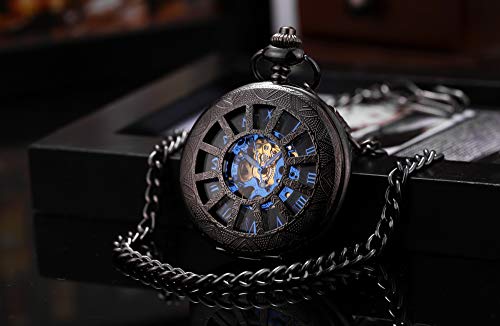 ManChDa® Vintage Mecánica Reloj de bolsillo Elegante negro caso de grabado Cazador de hueco Esfera esqueleto para los Hombres Mujeres con Chian + Caja regalo