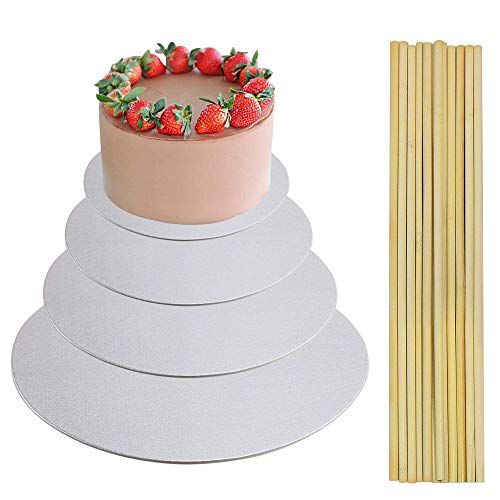 ManLee 4pcs Base para Tartas de Carton 15cm 20cm 25cm 30cm Bases de Carton Lámina de Plata con 10pcs Pilares para Wedding Cake Board Torta a Piso 2mm Espesor