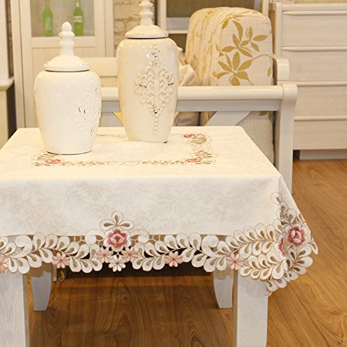 Mantel blanco de damasco con bordado de flores de color rosa, beige, Rectangular 170cm x 265cm