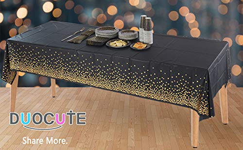 Mantel Desecheble Fiesta Oro Negro Mantel Plástico Rectangular Dorado Cubierta de Mesa para Banquetes, Graduación, Cumpleaños, Cóctel,137 cm x 274 cm,4PCS