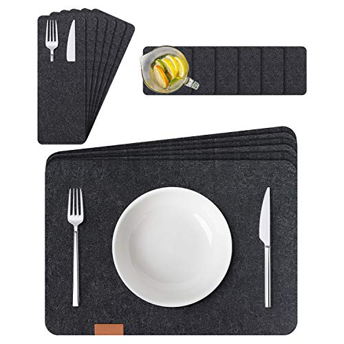 Manteles Individuales Lavables de Fieltro Juego de 6 – Incluidos Mantel Individual, Posavasos, Bolsas para Cubiertos – para la Mesa de Comedor de Cocina (Gris)