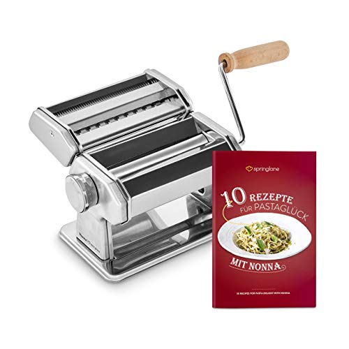 Máquina de fideos manual Nonna, Acero inoxidable, Máquina para hacer pasta, incluye secador de pasta y 3 accesorios para cortar espaguetis, lasaña, tallarines - plateado