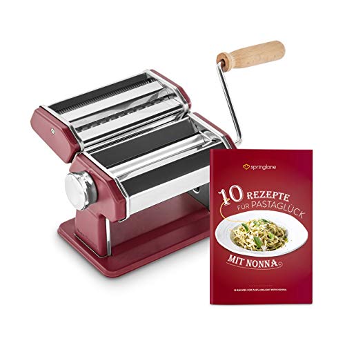 Máquina de fideos manual Nonna, Acero inoxidable, Máquina para hacer pasta, incluye secador de pasta y 3 accesorios para cortar espaguetis, lasaña, tallarines - rojo