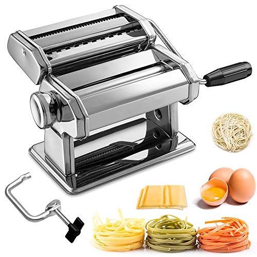 Máquina para Hacer Pasta Fresca Manual Máquina de Cortar Pasta de Acero Inoxidable con Manivela 7 cortes ajustes Fácil Manejo Para Casa Cocina Fideos Masa Tagliatelle Lasaña Espaguetis Plata (Plata)