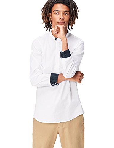 Marca Amazon - find. Camisa con Cuello de Tira y Corte Estándar para Hombre, Blanco (White), 41 cm, Label: XL